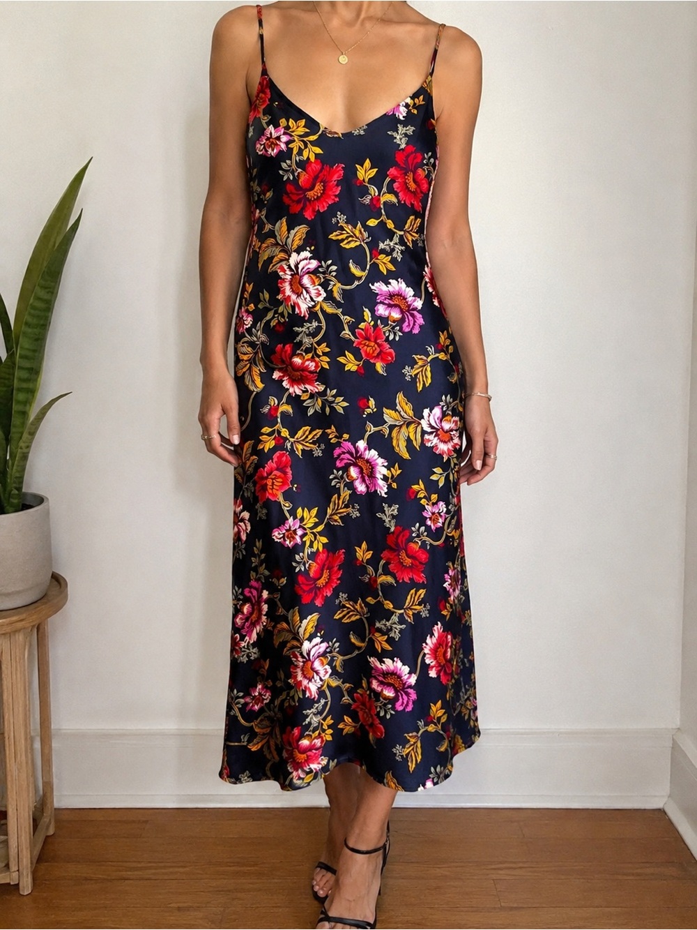 Old Navy Navy Slip Midi Dress with Red & Pink Floral Print